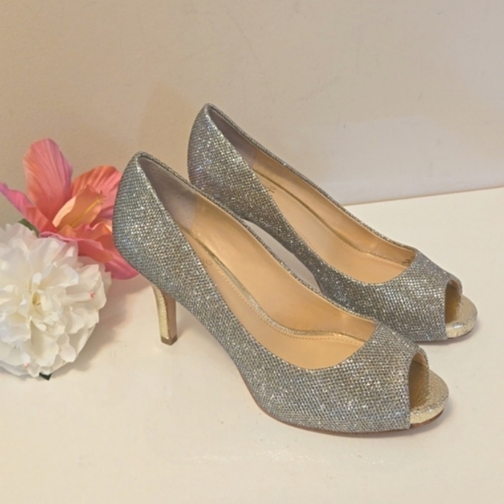 Vince Camuto Kiley Peep Toe Flash Gold Glitter Heels 7.5 EUC - Picture 2 of 12